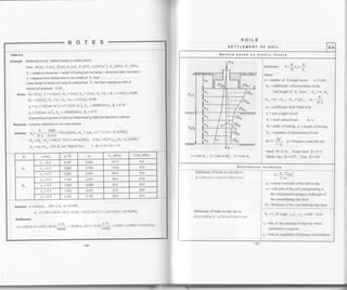 SOILS
NOTES
Table 8.4
Examole. Settlement of soil. Method based on elastic theory'
unirs: B(m), r(m), u(m),h,(-), P,(kN), v,(tNlm';, o" (kPa), E. (kPa)
I = weight of shuctures + weight of footing and surcharge + temporary load ( live load )
zi =distance from footing base to the middle of hi layer
Lower border of active soil zone for vertical load P" has been adopted as 20% of
natural soil Pressure: 0.2d"
oiven. B=3(m), r=s.4(n), H' =5(-), ho =2(t), h' =h' =1, =1 0(m)<0'4B
H, = 4.0(m). ho = h. = fi" = h- = 1.0(m)< 0 48
yo =Tr =1.8(ton/rn')=lz r(tNlm'), E' =40000(kPa)' F' =o'10
y, = 2.0(ton/m' ), s., = 25000(kPa)' 9z = 0'72
Engineering properties of soils are determined by field and laboratory methods
Required. Compute settlement of soil under footing
P. 3000
sof ution. op =
fr =
ffi = t 85.2 (kPa), o,o = Yoho = 17'7 2'0 = 35'4(lfa)
oa" = 6p - 6'10 = 185.2 -35.4 = 149.s(kPa), 0.2o, = 0.2xY'1,1 (ho + z, ) (kPa)
oa =dixo""' (fora' seeTable8'5a) , L/B=54l30=1'8
Ht zi (m/ - /a (xi o" (kPa) 0.2o, (kPa)
H1
0.167 0.944 141.4 8.9
0.500 o.794 1 18.9 12.4
0.833 0.561 84.0 15.9
H2
1.'t67 0.391 58.4 21.6
zs = 4'5 1.500 o.282 42.2 25.5
26 - 5'5 1.833 0.207 31.0 29.6
z- =6.5 2.167 o.157 23.5 33.3
Assume: z =6.0(m), zlB --2.0' o =0.189'
o" = 0.189x149.8 = 28.3 = 0'2c..1= 0.2(5.0x17.7+3.0x19'6) = 29'5(kl'a)
Settlement:
^
1A 0.72
S=t.0(14t.4+118.8+S+.01-Y19-r t.0(s8.4+42.2+11.0)ffi=0.0065+0.0018=0.0103(m)
SETTLEMENT OF SOIL 8.4
Method based on elastic theory
Ht7
t
l= Line or, 2 =Line 0.2or, 3 =Line o"
0oo
(Ior
co,
0os
con
0ou
a
Seftlemenl: s=io r, I
i=l Ds
Where
n=numberof h-heightlayers, h<0.48
oq - additional vertical pressue at the
mid-height of h, - layer , oa = o(,i .
oao
oa, =op-or, , or. =%ho , o" =5. B,L
cri = coefficient from Table 8.5a
Yi = mit weight of soil
& = total vertical load, B < L
B = width of footing , L = length of footing
Es = modulus of defomation of soil
)t12
0=l- -" u=Poisson'sratioforsoil' l-[
Sand: p=9.76, Sandyloam: 0=0.72
Sandy clay: 0=0.57, Clay: B=9.4
Alternative ormulas
Settlement ofloads on clay due to
primary consolidarion.
Settlement of loads on clay due to
s e c o n d ary c o n s o I i d a t i o n
S='o "[H]
l+eo' '
eo = initial void ratio ofthe soil in situ
e = void ratio ofthe soil corresponding to
the total pressue acting at midheight of
the consolidating clay layer
H = thickness ofthe consolidating clay layer
s, = c,s. log(t. /t" ) , c" = o.ot - o.o:
t. = life of the structue or time for which
settlement is required
te : time to completion of primary consolidation
 