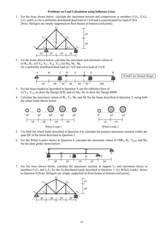 24
Problems on Load Calculation using Influence Lines
1. For the truss shown below, calculate the maximum tension and compression in members U4L5, U3U4,
L3U4 and L3L4 for a uniformly distributed dead load of 1 k/ft and a concentrated live load of 20 k
[Note: Stringers are simply supported on floor-beams at bottom-cord joints].
U3
10
U2 U4
10
L1 L2 L4 L5
10 10 10 10
2. For the beam shown below, calculate the maximum and minimum values of
(i) RA, RC, (ii) VB, VCL, VCR, VE, (iii) MB, MC, ME
for a uniformly distributed dead load of 1 k/ft and a live load of 2 k/ft.
A B C D E F G H
50 50 30 40 40 30 100
3. For the beam loaded as described in Question 2, use the influence lines of
(i) VA, VC(L) to draw the Design SFD, and (ii) MB, MC to draw the Design BMD.
4. Calculate the maximum values of RC, VE, MC and ME for the beam described in Question 2, using both
the wheel loads shown below.
10k
10k
40k
40k
20k
4k
16k
16k
10 10 10 10 14 14
Wheel Loads 1 Wheel Loads 2
5. Use both the wheel loads described in Question 4 to calculate the greatest maximum moment within the
span DF of the beam described in Question 2.
6. For the Wheel Loads1 shown in Question 4, calculate the maximum values of FBRA, RC, VD(R) and MD
for the plate girder shown below.
A F
B C D E
10 10 10 10 10
7. For the truss shown below, calculate the maximum reaction at support L5 and maximum forces in
members U2U3 and L2L3 for the (i) distributed loads described in Question 1, (ii) Wheel Loads1 shown
in Question 4 [Note: Stringers are simply supported on floor-beams at bottom-cord joints].
U2 U4
20
L1 L2 L4 L5
20 20 20 20
L3
D and F are Internal Hinges
10
L3
U3
 