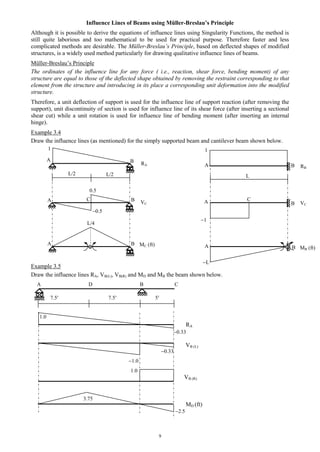9
Influence Lines of Beams using Müller-Breslau’s Principle
Although it is possible to derive the equations of influence lines using Singularity Functions, the method is
still quite laborious and too mathematical to be used for practical purpose. Therefore faster and less
complicated methods are desirable. The Müller-Breslau’s Principle, based on deflected shapes of modified
structures, is a widely used method particularly for drawing qualitative influence lines of beams.
Müller-Breslau’s Principle
The ordinates of the influence line for any force ( i.e., reaction, shear force, bending moment) of any
structure are equal to those of the deflected shape obtained by removing the restraint corresponding to that
element from the structure and introducing in its place a corresponding unit deformation into the modified
structure.
Therefore, a unit deflection of support is used for the influence line of support reaction (after removing the
support), unit discontinuity of section is used for influence line of its shear force (after inserting a sectional
shear cut) while a unit rotation is used for influence line of bending moment (after inserting an internal
hinge).
Example 3.4
Draw the influence lines (as mentioned) for the simply supported beam and cantilever beam shown below.
Example 3.5
Draw the influence lines RA, VB(L), VB(R) and MD and MB the beam shown below.
A D B C
7.5 7.5 5
RA
VB (L)
1.0
VB (R)
MD (ft)
2.5
RA
VC
MC (ft)
A
A
A
B
B
B
A
A
A
B
B
B
RB
VC
MB (ft)
C C
1
1
L
1
0.5
0.5
L/4
L/2 L/2 L
3.75
1.0
1.0
0.33
0.33
 