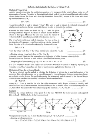 15
Deflection Calculation by the Method of Virtual Work
Method of Virtual Work
Another way of representing the equilibrium equations is by energy methods, which is based on the law of
conservation of energy. According to the principle of virtual work, if a system in equilibrium is subjected to
virtual displacements, the virtual work done by the external forces ( WE) is equal to the virtual work done
by the internal forces ( WI)
WE = WI …...…………………(1)
where the symbol is used to indicate ‘virtual’. This term is used to indicate hypothetical increments of
displacements and works that are assumed to happen in order to formulate the problem.
while the virtual work done by the virtual internal force (u) on B is = u. dL …...…………………(3)
The total internal virtual work done is WI = u. dL …...…………………(4)
where the symbol indicates the summation over the lengths of all the elements within the body.
In this formulation, the terms in italic indicate virtual loads or internal forces.
The principle of virtual work [Eq. (1)] 1. = u. dL = u. dL …...…………………(5)
It is to be noted here that the term above can indicate the deflection or rotation of the body, depending on
which the virtual load (1) can be a unit force or a unit moment applied in the direction of .
Deflection of Truss due to External Loads
The above principle can be applied to calculate the deflection of a truss due to axial deformation of its
members. This axial deformation can be caused be caused by external loads on the truss, temperature change
or misfit of member length. The axial deformation due to external loads is caused by the internal forces
within the truss members, the resulting extension of a truss member being
dL = N0L/EA …...…………………(6)
where N0, L, E and A stand for the axial force (due to external loads), length, modulus of elasticity and
cross-sectional area of a truss member. The internal force u due to the unit virtual load is often expressed by
N1, from which the equation for truss deflection [Eq. (5)] becomes = N1. N0L/EA ……….……(7)
Example
Calculate the vertical deflection of the point B of the truss ABCDEF due to the external loads applied
[Given: EA/L = 500 kip/ft, for all the truss members].
Using member forces N0 and N1 from the above analyses, = N0 N1 L/EA ……….……(7)
Ignoring zero force members,
B,v = {(7.07) (0.707) + (−7.07) (0.707) + (−5) (−0.5) + (−5) (−0.5)}/500 = 0.01 ft
Consider the body loaded as shown in Fig. 1. Under the given
loading conditions, the point A deflects an amount in the direction
shown in the Figure. Moreover the same load causes the element B
within the body to extend an amount dL in the direction shown.
If a virtual unit load (i.e., a load of magnitude 1), when applied in
the direction of , causes a virtual internal force u in the element B
in the direction of dL, the virtual work done by the external forces
WE = 1. …...…………………(2)
Fig. 1
A
B
dL
u
1
A B C
F E D
A B C
F E D
A B
C
F E D
3 @ 20 = 60
20
10 k
0
0
1010
-14.147.07 -7.07
-5 -5
N0 (k) N1
10 k
1
-10.707 0.707
-0.5 -0.5
0 0
0
0
 