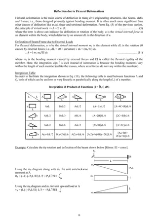 18
Deflection due to Flexural Deformations
Flexural deformation is the main source of deflection in many civil engineering structures, like beams, slabs
and frames; i.e., those designed primarily against bending moment. It is often much more significant than
other causes of deflection like axial, shear and torsional deformation. From Eq. (5) of the previous section,
the principle of virtual work = u. dL …………………(5)
where the term above can indicate the deflection or rotation of the body, u is the virtual internal force in
an element within the body, which deforms by an amount dL in the direction of u.
Deflection of Beam/Frame due to External Loads
For flexural deformation, u is be the virtual internal moment m1 in the element while dL is the rotation d
caused by external forces; i.e., dL = d = curvature ds = (m0/EI) ds.
= m1 m0/EI ds …………………(11)
where m0 is the bending moment caused by external forces and EI is called the flexural rigidity of the
member. Here, the integration sign is used instead of summation because the bending moments vary
within the length of each member (unlike the trusses, where axial forces do not vary within the members).
Integration Table
In order to facilitate the integration shown in Eq. (11), the following table is used between functions f1 and
f2, both of which can be uniform or vary linearly or parabolically along the length (L) of a member.
Integration of Product of Functions (I = f1 f2 dS)
f2 f1 A
L
B
L
A
L
A B
L
A C B
L
a
L
AaL BaL/2 AaL/2 (A+B)aL/2 [A+4C+B]aL/6
b
L
AbL/2 BbL/3 AbL/6 [A+2B]bL/6 [2C+B]bL/6
a
L
AaL/2 BaL/6 AaL/3 [2A+B]aL/6 [A+2C]aL/6
a b
L
A(a+b)L/2 B(a+2b)L/6 A(2a+b)L/6 [A(2a+b)+B(a+2b)]L/6
[Aa+Bb+
2C(a+b)]L/6
Example: Calculate the tip rotation and deflection of the beam shown below [Given: EI = const].
m1
m0
B
P0L
A
P0
L
L
1
m1
Using the m0 diagram along with m1 for unit anticlockwise
moment at A
A = ( 1) ( P0L/EI) L/2 = P0L2
/2EI
Using the m0 diagram and m1 for unit upward load at A
vA = (L) ( P0L/EI) L/3 = P0L3
/3EI
 