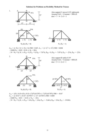 25
Solutions for Problems on Flexibility Method for Trusses
1. A B
10 k
12
C D E
12 12
(0) 10 k
(0) (0)
(7.07) ( 7.07)
1
( 5) ( 5) ( 1) ( 1)
N0 (k) (XC = 0) N1 (XC = 1)
1,0 = {( 5) ( 1)+ ( 5) ( 1)}/500 = 0.02 , 1,1 = {( 1) 2
+ ( 1)2
}/500 = 0.004
0.004 XC + 0.02 = 0.10 XC = 20 k
N = N0 + XC N1 PAB = 0, PAC = 0, PBC = 7.07 k, PBD = 0, PBE = 7.07 k, PCD = 25 k, PBE = 25 k
2. D
10 k
10
A B C
10 10
10 k
(0) (0.707) (0.707)
(7.07) ( 7.07) ( 1)
(5) (5) ( 0.5) ( 0.5)
1
N0 (k) (YB = 0) N1 (YB = 1)
1,0 = {(5) ( 0.5)+(5) ( 0.5)+ (7.07) (0.707)+ ( 7.07) (0.707)}/500 = 0.01
1,1 = {( 0.5)2
+ ( 0.5)2
+ (0.707)2
+ ( 1)2
+ (0.707)2
}/500 = 0.005
0.005 YB 0.01 = 0.10 YB = 18 k
N = N0 + YB N1 PAB = 14 k, PBC = 14 k, PAD = 5.66 k, PBD = 18 k, PCD = 19.80 k
Also support C moves 0.10 rightwards
Assume EA/L = Constant = 500 k/ft
dosi = 7 + 4 2 5 = 1
Also support B settles 0.10
Assume EA/L = Constant = 500 k/ft
dosi = 5+ 4 2 4 = 1
 