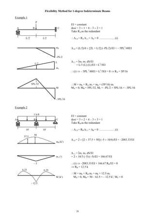 28
Flexibility Method for 1-degree Indeterminate Beams
Example 1
EI = constant
A B C dosi = 3 1 + 4 – 3 2 = 1
Take RA as the redundant
L/2 L/2 1,0 + RA 1,1 = A = 0 …………..…(i)
1,0 = (L/2)/6 [2L + L/2] (–PL/2)/EI = – 5PL3
/48EI
1,1 = m1 m1 dS/EI
= L/3 (L) (L)/EI = L3
/3EI
m1
(i) – 5PL 3
/48EI + L3
/3EI = 0 RA = 5P/16
M = m0 + RA m1 = m0 + (5P/16) m1
M MA = 0, MB = 5PL/32, MC = –PL/2 + 5PL/16 = –3PL/16
Example 2
EI = constant
A B C dosi = 3 2 + 4 – 3 3 = 1
Take RB as the redundant
10 10 1,0 + RB 1,1 = B = 0 …………..…(i)
1,0 = 2 [2 37.5 + 50] (–5 10/6)/EI = –2083.33/EI
1,1 = m1 m1 dS/EI
m1 ( ) = 2 10/3 (–5) (–5)/EI = 166.67/EI
– 5 (i) –2083.33/EI + 166.67 RB/EI = 0
RB = 12.5 k
M = m0 + RB m1 = m0 + 12.5 m1
M (k ) MA = 0, MB = 50 – 62.5 = – 12.5 k , MC = 0
– 12.5
6.256.25
1 k/ft
m0 (k )
37.5
50
P
m0
PL/2
100
L
L/2
3PL/16
5PL/32
 