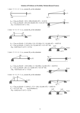 33
Solution of Problems on Flexibility Method (Beams/Frames)
1. dosi = 3 + 4 – 6 = 1; i.e., assume RA as the redundant
1,0 = (m0 m1/EI) dS = 10/2 (–100) (10)/(40 103
) = –0.125 ft
1,1 = (m1 m1/EI) dS = 10/3 (10 10)/(40 103
) = 8.33 10–3
ft/k
RA = 0.125/(8.33 10–3
) = 15 k
2. dosi = 6 + 4 – 9 = 1; i.e., assume RB as the redundant
1,0 = (m0 m1/EI) dS = 2 {5/3 (50) (–2.5) +5/2 (50) (–2.5 –5)}/(40 103
) = –0.0573 ft
1,1 = (m1 m1/EI) dS = 2 {10/3 (–5) (–5)}/(40 103
) = 4.17 10–3
ft/k
RB = 0.0573/(4.17 10–3
) = 13.75 k
3. dosi = 3 + 4 – 6 = 1; i.e., assume MA as the redundant
1,0 = (m0 m1/EI) dS = {10/2 (100) (–1) +10 (100) (–1)}/(40 103
) = –0.0375 ft
1,1 = (m1 m1/EI) dS = 20 (–1) (–1)/(40 103
) = 0.5 10–3
ft/k
MA = 0.0375/(0.5 10–3
) = 75 k-ft
4. dosi = 6 + 4 – 9 = 1; i.e., assume RB as the redundant
1,0 = (m0 m1/EI) dS = 2 {10/6 (2 37.5 + 50) (–5)}/(40 103
) = –0.0521 ft
1,1 = 4.17 10–3
ft/k (as in Problem 2)
RB = 0.0521/(4.17 10–3
) = 12.5 k
–5
25
1
m1 ( )m0 (k )
6.25
37.5
50
–100
–100 RA = 1
10
m0 (k ) m1 ( )
50
M (k )
RB = 1
6.25
–12.5
M (k )
5050
RB = 1
–5
m1 ( )
15.63
–18.75
M (k )
MA = 1
m1 ( )
–75
M (k )
100
m0 (k )
m0 (k )
 