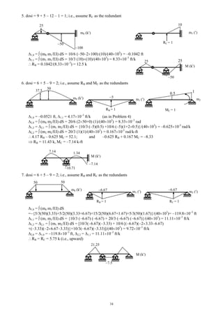 34
5. dosi = 9 + 5 – 12 – 1 = 1; i.e., assume RC as the redundant
1,0 = (m0 m1/EI) dS = 10/6 (–50–2 100) (10)/(40 103
) = –0.1042 ft
1,1 = (m1 m1/EI) dS = 10/3 (10) (10)/(40 103
) = 8.33 10–3
ft/k
RB = 0.1042/(8.33 10–3
) = 12.5 k
6. dosi = 6 + 5 – 9 = 2; i.e., assume RB and MC as the redundants
1,0 = –0.0521 ft, 1,1 = 4.17 10–3
ft/k (as in Problem 4)
2,0 = (m0 m2/EI) dS = 20/6 (2 50+0) (1)/(40 103
) = 8.33 10–3
rad
1,2 = 2,1 = (m1 m2/EI) dS = {10/3 (–5)(0.5) +10/6 (–5)(1+2 0.5)}/(40 103
) = –0.625 10-3
rad/k
2,2 = (m2 m2/EI) dS = 20/3 (1)(1)/(40 103
) = 0.167 10-3
rad/k-ft
4.17 RB – 0.625 MC = 52.1; and –0.625 RB + 0.167 MC = –8.33
RB = 11.43 k, MC = –7.14 k-ft
7. dosi = 6 + 5 – 9 = 2; i.e., assume RB and RC as the redundants
1,0 = (m0 m1/EI) dS
= {5/3(50)(3.33)+5/2(50)(3.33+6.67)+15/2(50)(6.67+1.67)+5/3(50)(1.67)}/(40 103
)= 119.8 10–3
ft
1,1 = (m1 m1/EI) dS = {10/3 ( 6.67) ( 6.67) + 20/3 ( 6.67) ( 6.67)}/(40 103
) = 11.11 10–3
ft/k
1,2 = 2,1 = (m1 m2/EI) dS = [10/3( 6.67)( 3.33) + 10/6{( 6.67)( 2 3.33 6.67)
+( 3.33)( 2 6.67 3.33)}+10/3( 6.67)( 3.33)]/(40 103
) = 9.72 10–3
ft/k
2,0 = 1,0 = 119.8 10–3
ft, 2,2 = 1,1 = 11.11 10–3
ft/k
RB = RC = 5.75 k (i.e., upward)
–7.14
7.5
21.25
0.5 1
100
10
m0 (k )
37.5
50
m1 ( )
RB = 1
–5
1.347.14
–10.71
M (k )
RC = 1
m1 ( )
25
–50
M (k )
25
m0 (k )
50
25
m2
MC = 1
M (k )
6.67m0 (k )
50
6.67
50
RB = 1
m1 ( )
RC = 1
m2 ( )
 