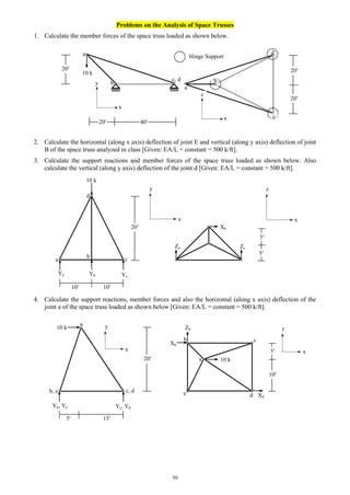 50
Problems on the Analysis of Space Trusses
1. Calculate the member forces of the space truss loaded as shown below.
2. Calculate the horizontal (along x axis) deflection of joint E and vertical (along y axis) deflection of joint
B of the space truss analyzed in class [Given: EA/L = constant = 500 k/ft].
3. Calculate the support reactions and member forces of the space truss loaded as shown below. Also
calculate the vertical (along y axis) deflection of the joint d [Given: EA/L = constant = 500 k/ft].
4. Calculate the support reactions, member forces and also the horizontal (along x axis) deflection of the
joint a of the space truss loaded as shown below [Given: EA/L = constant = 500 k/ft].
x
d
a
b
c, d
a
y
x
c
b
a
d
Xb
ZcZa
10 k
Ya Yb Yc
10 10
20
5
5
z
x
c, db, e
a
10 k
Yb, Ye Yc, Yd
5 15
20
5
10
y
x
z
x
10 k
y
20 20
20
Hinge Support
b
c
20 40
x
z
a 10 k
d
c
e
b
Xb
Xd
Zb
 