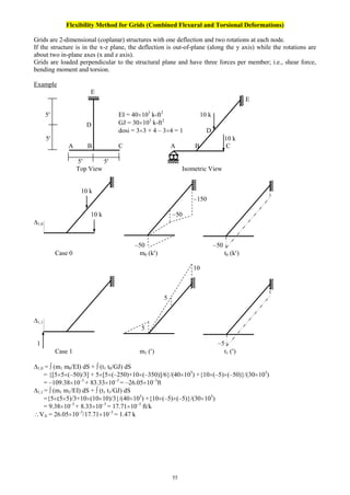 55
Flexibility Method for Grids (Combined Flexural and Torsional Deformations)
Grids are 2-dimensional (coplanar) structures with one deflection and two rotations at each node.
If the structure is in the x-z plane, the deflection is out-of-plane (along the y axis) while the rotations are
about two in-plane axes (x and z axis).
Grids are loaded perpendicular to the structural plane and have three forces per member; i.e., shear force,
bending moment and torsion.
Example
E
E
5 EI = 40 103
k-ft2
10 k
GJ = 30 103
k-ft2
dosi = 3 3 + 4 – 3 4 = 1 D
5 10 k
A B C A B C
5 5
Top View Isometric View
10 k
150
10 k 50
1,0
50 50
Case 0 m0 (k ) t0 (k )
10
5
1,1
5
1 5
Case 1 m1 ( ) t1 ( )
1,0 = (m1 m0/EI) dS + (t1 t0/GJ) dS
= {[5 5 (–50)/3] + 5 [5 (–250)+10 (–350)]/6}/(40 103
) +{10 (–5) (–50)}/(30 103
)
= –109.38 10–3
+ 83.33 10–3
= –26.05 10–3
ft
1,1 = (m1 m1/EI) dS + (t1 t1/GJ) dS
={5 (5 5)/3+10 (10 10)/3}/(40 103
) +{10 (–5) (–5)}/(30 103
)
= 9.38 10–3
+ 8.33 10–3
= 17.71 10–3
ft/k
VA = 26.05 10–3
/17.71 10–3
= 1.47 k
D
 