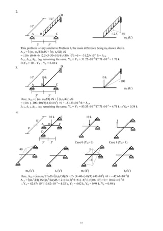 57
2.
D
1 k/
10
A B C 12.5 50
m0 (k )
5 5
This problem is very similar to Problem 1, the main difference being m0 shown above.
1,0 = (m1 m0/EI) dS + (t1 t0/GJ) dS
= {10 (0 0–4 12.5 5–50 10)/6}/(40 103
) +0 = –31.25 10–3
ft = 2,0
1,1, 1,2, 2,1, 2,2 remaining the same, YA = YC = 31.25 10–3
/17.71 10–3
= 1.76 k
YD = 10 – YA – YC = 6.48 k
D
10 10 k 10 k
100
A B C
m0 (k )
5 5
Here, 1,0 = (m1 m0/EI) dS + (t1 t0/GJ) dS
= {10 (–100 10)/3}/(40 103
) +0 = –83.33 10–3
ft = 2,0
1,1, 1,2, 2,1, 2,2 remaining the same, YA = YC = 83.33 10–3
/17.71 10–3
= 4.71 k YD = 0.58 k
10 k E 10 k
8 1
A B C
8
D
5 5 Case 0 (YA= 0) Case 1 (YA= 1)
40 5
8
m0 (k ) t0 (k ) m1 (k ) t1 (k )
Here, 1,0 = (m1m0/EI) dS+ (t1t0/GJ)dS = 2 {8 40 (–8)/3}/(40 103
) +0 = – 42.67 10–3
ft
1,1 = (m1
2
/EI) dS+ (t1
2
/GJ)dS = 2 {5 (5)2
/3+8 (–8)2
/3}/(40 103
) +0 = 10.62 10–3
ft
YA = 42.67 10–3
/10.62 10–3
= 4.02 k, YC = 4.02 k, YD = 0.98 k, YE = 0.98 k
3.
4.
 