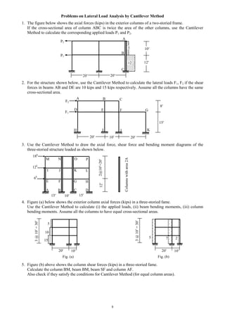 8
Problems on Lateral Load Analysis by Cantilever Method
1. The figure below shows the axial forces (kips) in the exterior columns of a two-storied frame.
If the cross-sectional area of column ABC is twice the area of the other columns, use the Cantilever
Method to calculate the corresponding applied loads P1 and P2.
2. For the structure shown below, use the Cantilever Method to calculate the lateral loads F1, F2 if the shear
forces in beams AB and DE are 10 kips and 15 kips respectively. Assume all the columns have the same
cross-sectional area.
3. Use the Cantilever Method to draw the axial force, shear force and bending moment diagrams of the
three-storied structure loaded as shown below.
4. Figure (a) below shows the exterior column axial forces (kips) in a three-storied fame.
Use the Cantilever Method to calculate (i) the applied loads, (ii) beam bending moments, (iii) column
bending moments. Assume all the columns to have equal cross-sectional areas.
Fig. (a) Fig. (b)
5. Figure (b) above shows the column shear forces (kips) in a three-storied fame.
Calculate the column BM, beam BM, beam SF and column AF.
Also check if they satisfy the conditions for Cantilever Method (for equal column areas).
7
15
10
5
20 10
3@10=30
20 10
3@10=30
5
E
A
15 10 15
18k
12k
6k
122@10=20
M
I
F
B
N
J
G
C
O
K
H
P
L
D
Columnswitharea2A
2
C
B
A
12
3
12
10
P2
P1
20 20
JH I K
FD
C
8
15
20 10
E
20
GF1
F2
A B
 