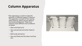 Column Apparatus
•This apparatus is used to study the
behavior of different types of columns.
The apparatus consists of four spring
steel columns, which are put along a
horizontal whiteboard. These four
columns have different end conditions
as below:
• Both end fixed (L/2)
• One end pinned and other fixed (L/
2)
√
• Both ends pinned (L)
• One end fixed and the other end free
(2L)
 