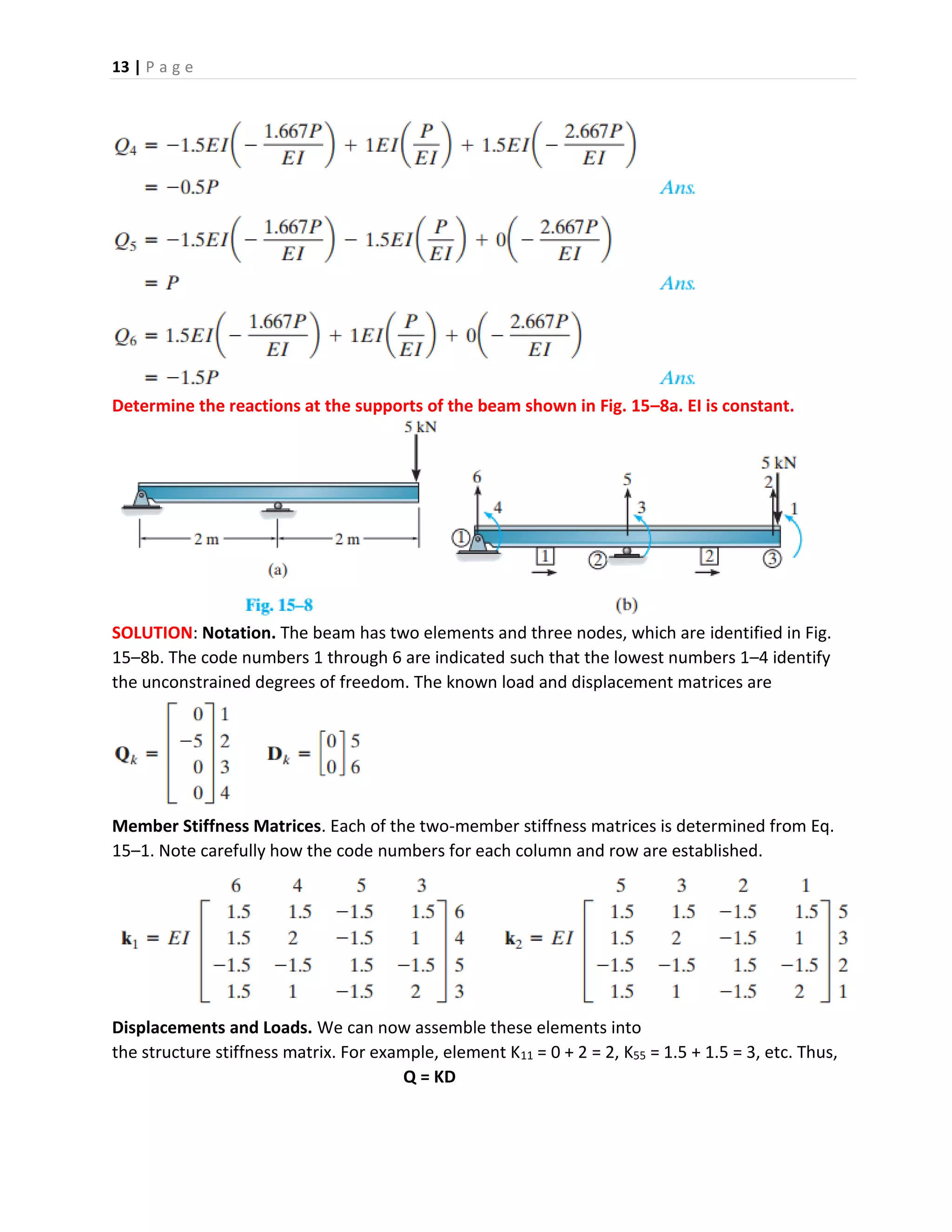 13 | P a g e
Determine the reactions at the supports of the beam shown in Fig. 15–8a. EI is constant.
SOLUTION: Notation. The beam has two elements and three nodes, which are identified in Fig.
15–8b. The code numbers 1 through 6 are indicated such that the lowest numbers 1–4 identify
the unconstrained degrees of freedom. The known load and displacement matrices are
Member Stiffness Matrices. Each of the two-member stiffness matrices is determined from Eq.
15–1. Note carefully how the code numbers for each column and row are established.
Displacements and Loads. We can now assemble these elements into
the structure stiffness matrix. For example, element K11 = 0 + 2 = 2, K55 = 1.5 + 1.5 = 3, etc. Thus,
Q = KD
 