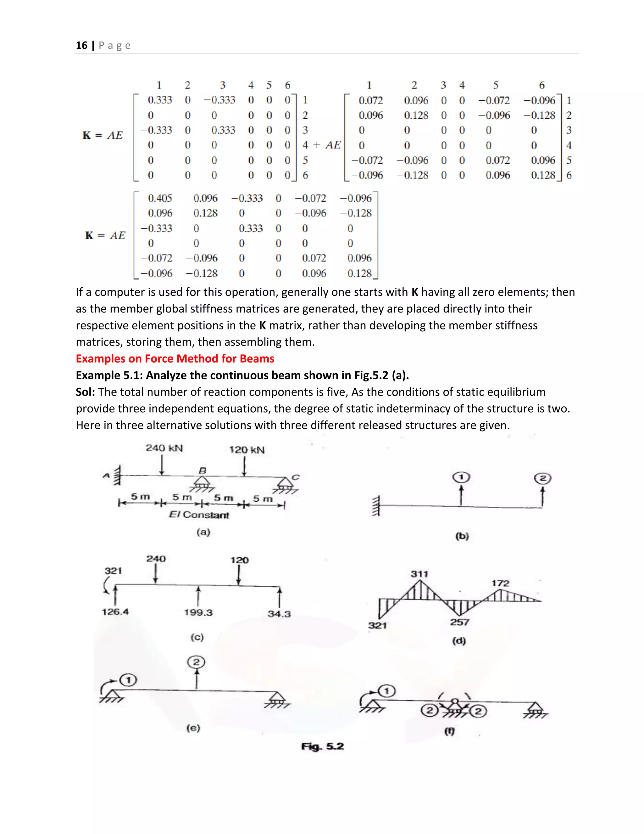 16 | P a g e
If a computer is used for this operation, generally one starts with K having all zero elements; then
as the member global stiffness matrices are generated, they are placed directly into their
respective element positions in the K matrix, rather than developing the member stiffness
matrices, storing them, then assembling them.
Examples on Force Method for Beams
Example 5.1: Analyze the continuous beam shown in Fig.5.2 (a).
Sol: The total number of reaction components is five, As the conditions of static equilibrium
provide three independent equations, the degree of static indeterminacy of the structure is two.
Here in three alternative solutions with three different released structures are given.
 