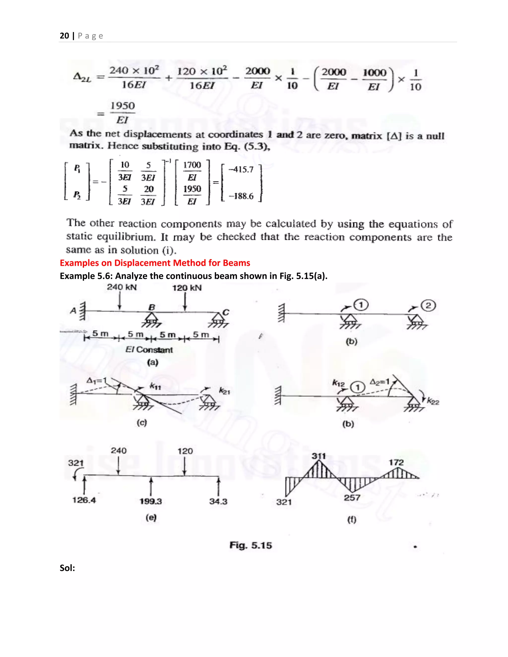 20 | P a g e
Examples on Displacement Method for Beams
Example 5.6: Analyze the continuous beam shown in Fig. 5.15(a).
Sol:
 