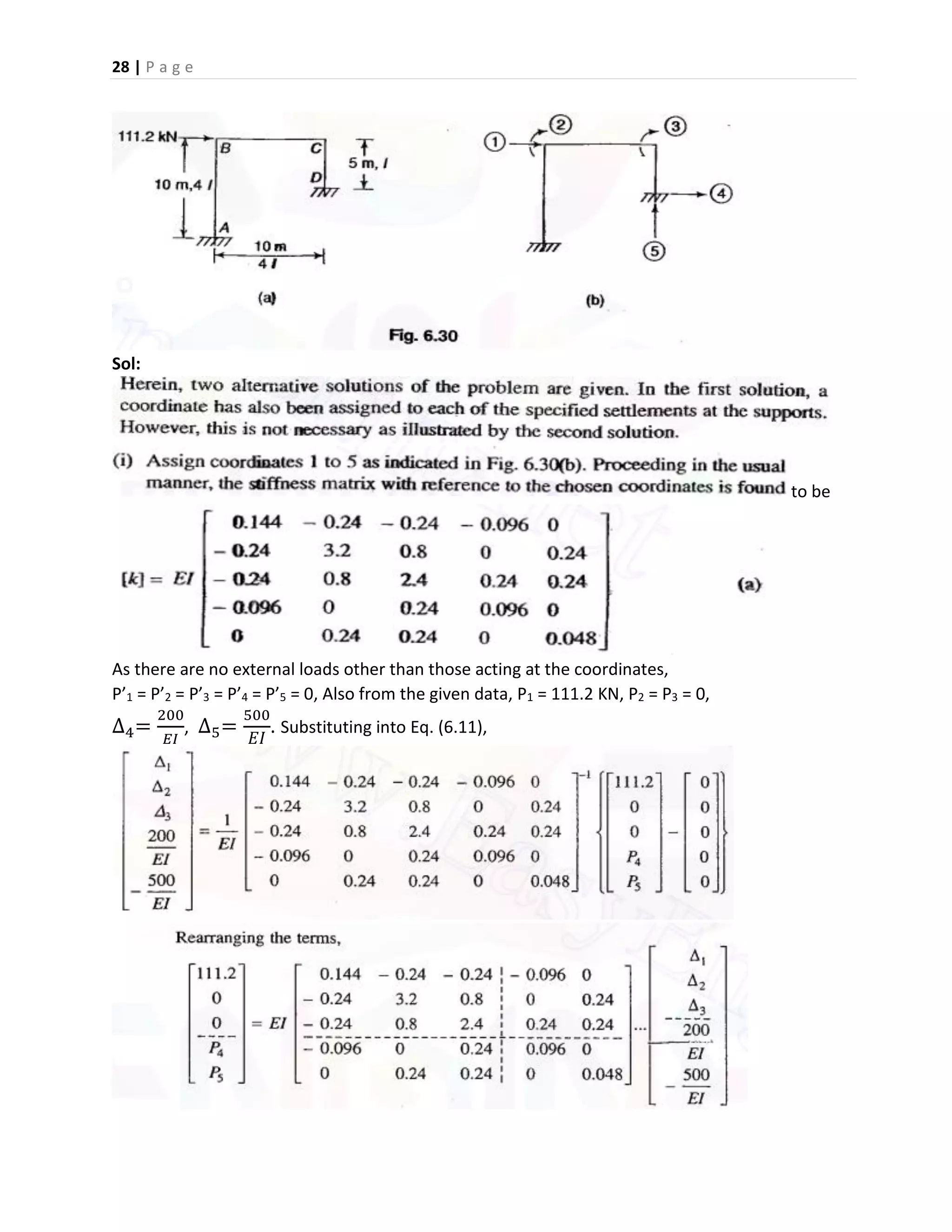 28 | P a g e
Sol:
to be
As there are no external loads other than those acting at the coordinates,
P’1 = P’2 = P’3 = P’4 = P’5 = 0, Also from the given data, P1 = 111.2 KN, P2 = P3 = 0,
∆4=
200
𝐸𝐼
, ∆5=
500
𝐸𝐼
. Substituting into Eq. (6.11),
 