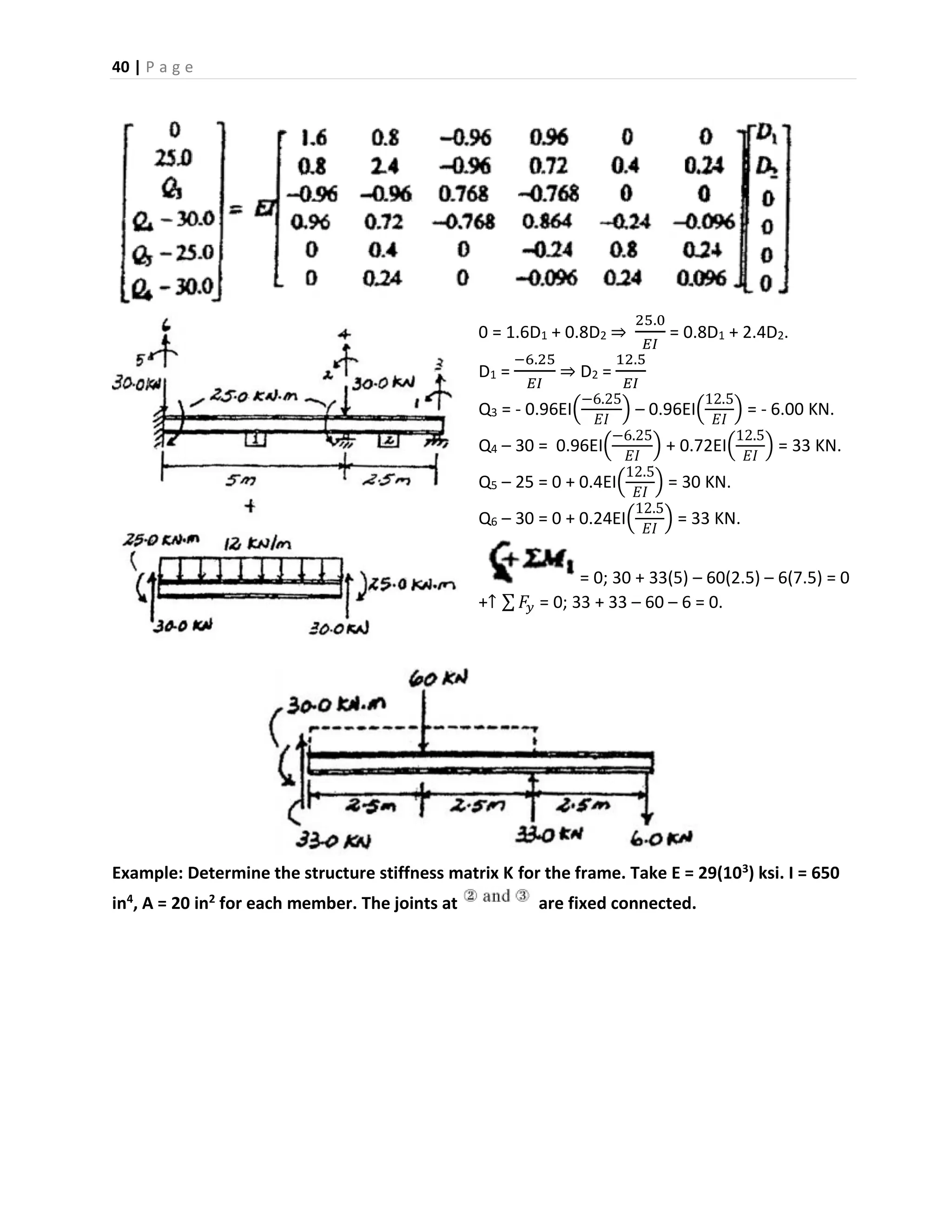 40 | P a g e
0 = 1.6D1 + 0.8D2 ⇒
25.0
𝐸𝐼
= 0.8D1 + 2.4D2.
D1 =
−6.25
𝐸𝐼
⇒ D2 =
12.5
𝐸𝐼
Q3 = - 0.96EI(
−6.25
𝐸𝐼
) – 0.96EI(
12.5
𝐸𝐼
) = - 6.00 KN.
Q4 – 30 = 0.96EI(
−6.25
𝐸𝐼
) + 0.72EI(
12.5
𝐸𝐼
) = 33 KN.
Q5 – 25 = 0 + 0.4EI(
12.5
𝐸𝐼
) = 30 KN.
Q6 – 30 = 0 + 0.24EI(
12.5
𝐸𝐼
) = 33 KN.
= 0; 30 + 33(5) – 60(2.5) – 6(7.5) = 0
+↑ ∑ 𝐹𝑦 = 0; 33 + 33 – 60 – 6 = 0.
Example: Determine the structure stiffness matrix K for the frame. Take E = 29(103) ksi. I = 650
in4, A = 20 in2 for each member. The joints at are fixed connected.
 