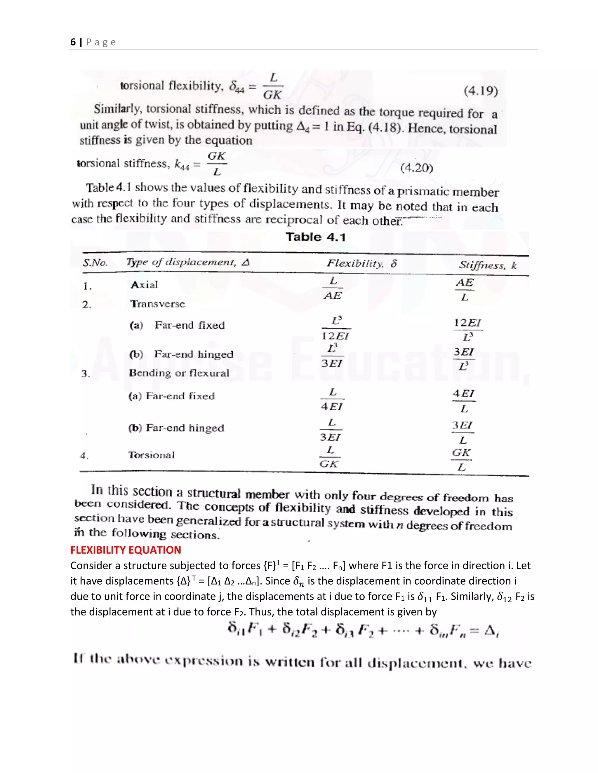 6 | P a g e
FLEXIBILITY EQUATION
Consider a structure subjected to forces {F}1 = [F1 F2 …. Fn] where F1 is the force in direction i. Let
it have displacements {∆}T = [∆1 ∆2 …∆n]. Since 𝛿 𝑛 is the displacement in coordinate direction i
due to unit force in coordinate j, the displacements at i due to force F1 is 𝛿11 F1. Similarly, 𝛿12 F2 is
the displacement at i due to force F2. Thus, the total displacement is given by
 