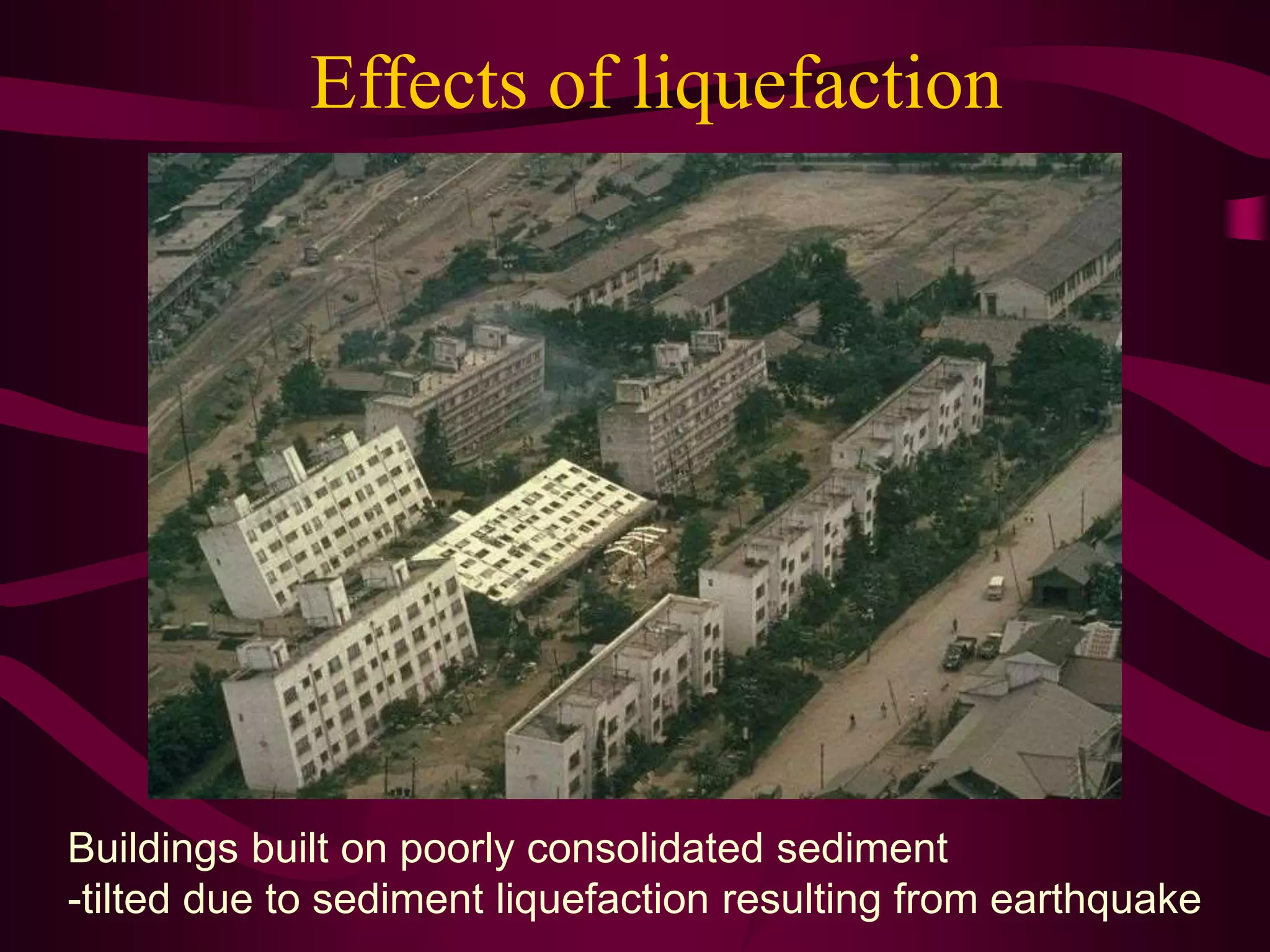 Effects of liquefaction
Buildings built on poorly consolidated sediment
-tilted due to sediment liquefaction resulting from earthquake
 