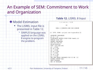 v2.3 Petri Nokelainen, University of Tampere, Finland 111 / 145
An Example of SEM: Commitment to Work
and Organization
Model Estimation
 The LISREL input file is
presented in Table 12.
 SIMPLIS language was
applied on the LISREL
8 engine to program
the problem.
Table 12. LISREL 8 Input
 