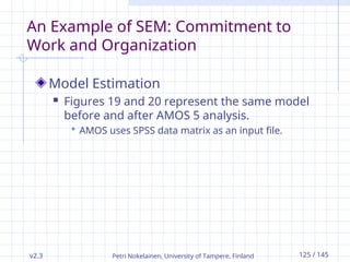 v2.3 Petri Nokelainen, University of Tampere, Finland 125 / 145
An Example of SEM: Commitment to
Work and Organization
Model Estimation
 Figures 19 and 20 represent the same model
before and after AMOS 5 analysis.
 AMOS uses SPSS data matrix as an input file.
 
