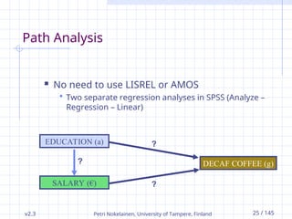 v2.3 Petri Nokelainen, University of Tampere, Finland 25 / 145
Path Analysis
 No need to use LISREL or AMOS
 Two separate regression analyses in SPSS (Analyze –
Regression – Linear)
?
EDUCATION (a)
SALARY (€)
DECAF COFFEE (g)
?
?
 