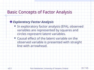 v2.3 Petri Nokelainen, University of Tampere, Finland 33 / 145
Basic Concepts of Factor Analysis
Exploratory Factor Analysis
 In exploratory factor analysis (EFA), observed
variables are represented by squares and
circles represent latent variables.
 Causal effect of the latent variable on the
observed variable is presented with straight
line with arrowhead.
 
