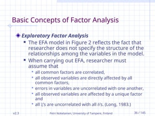 v2.3 Petri Nokelainen, University of Tampere, Finland 36 / 145
Basic Concepts of Factor Analysis
Exploratory Factor Analysis
 The EFA model in Figure 2 reflects the fact that
researcher does not specify the structure of the
relationships among the variables in the model.
 When carrying out EFA, researcher must
assume that
 all common factors are correlated,
 all observed variables are directly affected by all
common factors,
 errors in variables are uncorrelated with one another,
 all observed variables are affected by a unique factor
and
 all ’s are uncorrelated with all ’s. (Long, 1983.)
 