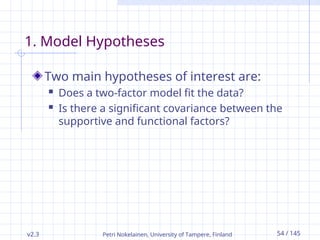 v2.3 Petri Nokelainen, University of Tampere, Finland 54 / 145
1. Model Hypotheses
Two main hypotheses of interest are:
 Does a two-factor model fit the data?
 Is there a significant covariance between the
supportive and functional factors?
 