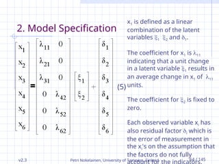 v2.3 Petri Nokelainen, University of Tampere, Finland 64 / 145
2. Model Specification
(5)
x1 is defined as a linear
combination of the latent
variables 1 2 and 1.
The coefficient for x1 is 11
indicating that a unit change
in a latent variable 1 results in
an average change in x1 of 11
units.
The coefficient for 2 is fixed to
zero.
Each observed variable xi has
also residual factor i which is
the error of measurement in
the xi's on the assumption that
the factors do not fully
account for the indicators.
 