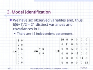 v2.3 Petri Nokelainen, University of Tampere, Finland 76 / 145
3. Model Identification
We have six observed variables and, thus,
6(6+1)/2 = 21 distinct variances and
covariances in .
 There are 15 independent parameters:
 