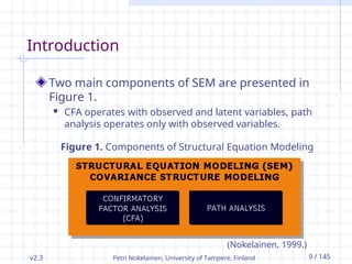 v2.3 Petri Nokelainen, University of Tampere, Finland 9 / 145
Introduction
Figure 1. Components of Structural Equation Modeling
(Nokelainen, 1999.)
Two main components of SEM are presented in
Figure 1.
 CFA operates with observed and latent variables, path
analysis operates only with observed variables.
 