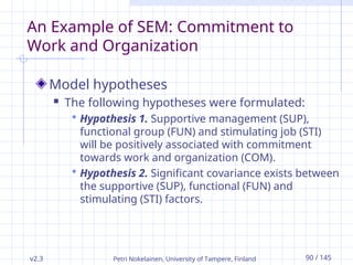 v2.3 Petri Nokelainen, University of Tampere, Finland 90 / 145
An Example of SEM: Commitment to
Work and Organization
Model hypotheses
 The following hypotheses were formulated:
 Hypothesis 1. Supportive management (SUP),
functional group (FUN) and stimulating job (STI)
will be positively associated with commitment
towards work and organization (COM).
 Hypothesis 2. Significant covariance exists between
the supportive (SUP), functional (FUN) and
stimulating (STI) factors.
 