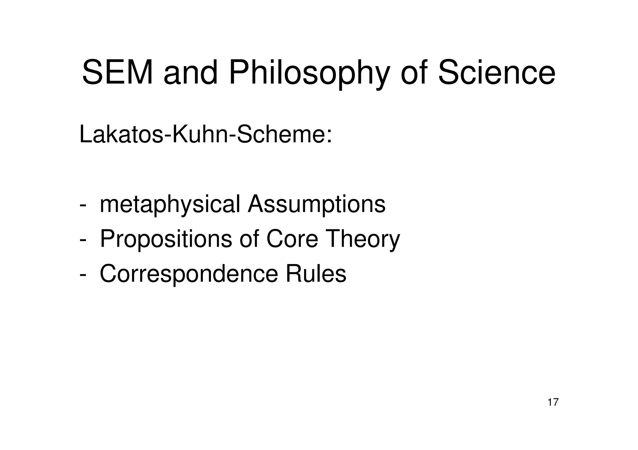 SEM and Philosophy of Science
Lakatos-Kuhn-Scheme:
- metaphysical Assumptions
- Propositions of Core Theory
17
- Propositions of Core Theory
- Correspondence Rules
 