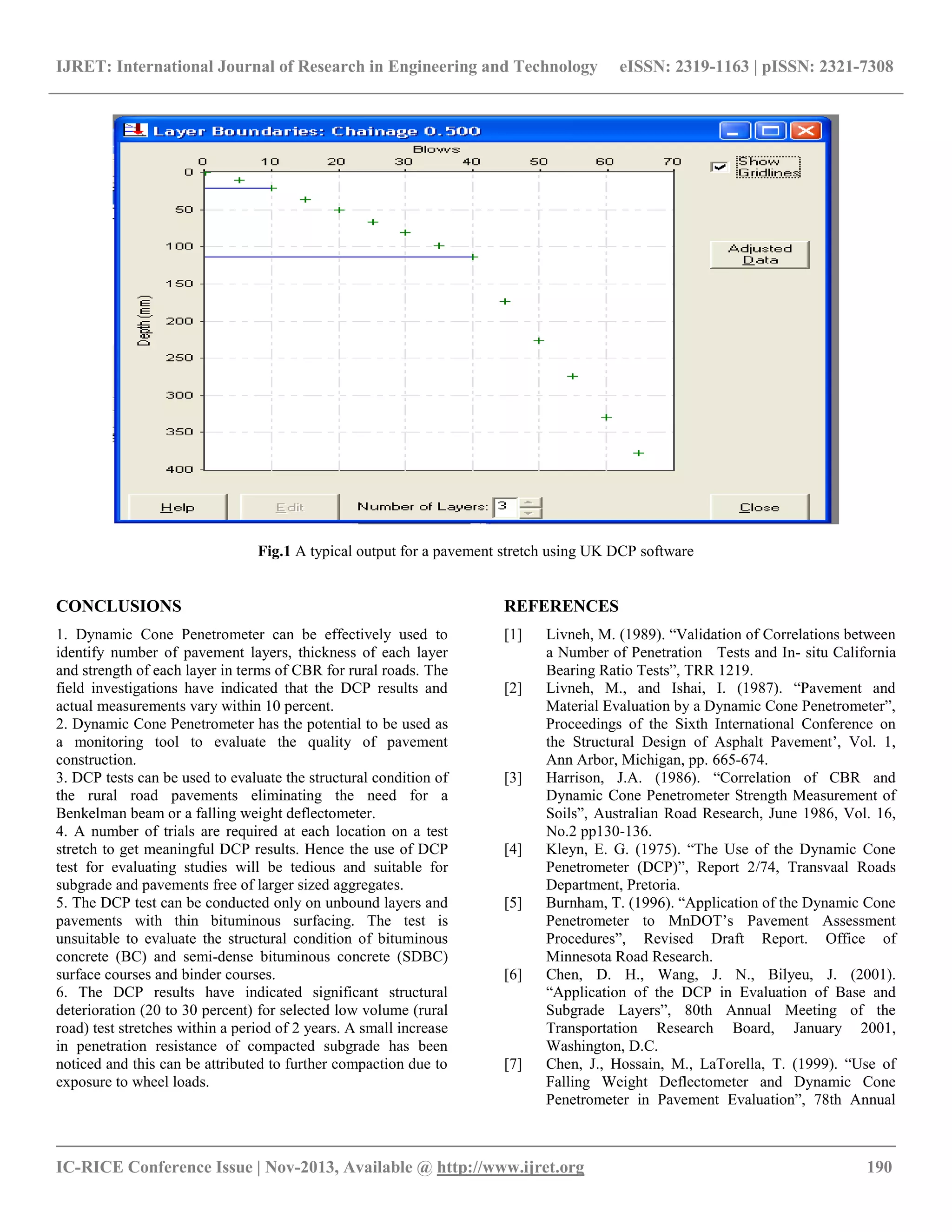 IJRET: International Journal of Research in Engineering and Technology eISSN: 2319-1163 | pISSN: 2321-7308
__________________________________________________________________________________________
IC-RICE Conference Issue | Nov-2013, Available @ http://www.ijret.org 190
Fig.1 A typical output for a pavement stretch using UK DCP software
CONCLUSIONS
1. Dynamic Cone Penetrometer can be effectively used to
identify number of pavement layers, thickness of each layer
and strength of each layer in terms of CBR for rural roads. The
field investigations have indicated that the DCP results and
actual measurements vary within 10 percent.
2. Dynamic Cone Penetrometer has the potential to be used as
a monitoring tool to evaluate the quality of pavement
construction.
3. DCP tests can be used to evaluate the structural condition of
the rural road pavements eliminating the need for a
Benkelman beam or a falling weight deflectometer.
4. A number of trials are required at each location on a test
stretch to get meaningful DCP results. Hence the use of DCP
test for evaluating studies will be tedious and suitable for
subgrade and pavements free of larger sized aggregates.
5. The DCP test can be conducted only on unbound layers and
pavements with thin bituminous surfacing. The test is
unsuitable to evaluate the structural condition of bituminous
concrete (BC) and semi-dense bituminous concrete (SDBC)
surface courses and binder courses.
6. The DCP results have indicated significant structural
deterioration (20 to 30 percent) for selected low volume (rural
road) test stretches within a period of 2 years. A small increase
in penetration resistance of compacted subgrade has been
noticed and this can be attributed to further compaction due to
exposure to wheel loads.
REFERENCES
[1] Livneh, M. (1989). “Validation of Correlations between
a Number of Penetration Tests and In- situ California
Bearing Ratio Tests”, TRR 1219.
[2] Livneh, M., and Ishai, I. (1987). “Pavement and
Material Evaluation by a Dynamic Cone Penetrometer”,
Proceedings of the Sixth International Conference on
the Structural Design of Asphalt Pavement’, Vol. 1,
Ann Arbor, Michigan, pp. 665-674.
[3] Harrison, J.A. (1986). “Correlation of CBR and
Dynamic Cone Penetrometer Strength Measurement of
Soils”, Australian Road Research, June 1986, Vol. 16,
No.2 pp130-136.
[4] Kleyn, E. G. (1975). “The Use of the Dynamic Cone
Penetrometer (DCP)”, Report 2/74, Transvaal Roads
Department, Pretoria.
[5] Burnham, T. (1996). “Application of the Dynamic Cone
Penetrometer to MnDOT’s Pavement Assessment
Procedures”, Revised Draft Report. Office of
Minnesota Road Research.
[6] Chen, D. H., Wang, J. N., Bilyeu, J. (2001).
“Application of the DCP in Evaluation of Base and
Subgrade Layers”, 80th Annual Meeting of the
Transportation Research Board, January 2001,
Washington, D.C.
[7] Chen, J., Hossain, M., LaTorella, T. (1999). “Use of
Falling Weight Deflectometer and Dynamic Cone
Penetrometer in Pavement Evaluation”, 78th Annual
 