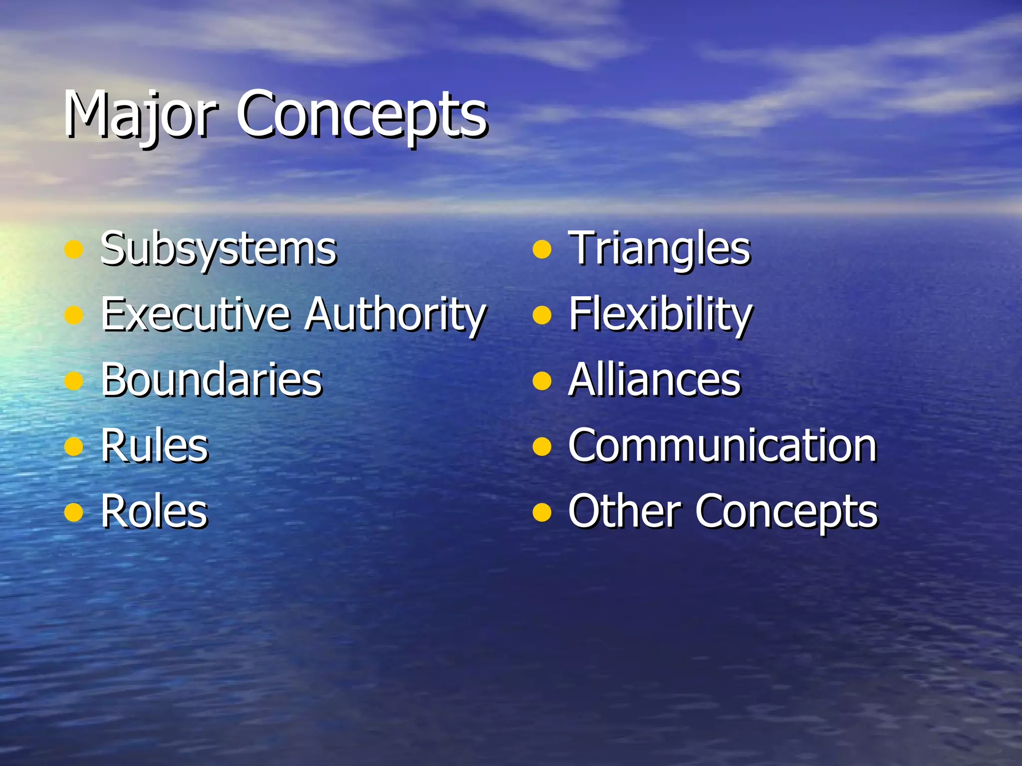 Major Concepts Subsystems Executive Authority Boundaries Rules Roles Triangles Flexibility Alliances Communication Other Concepts 
