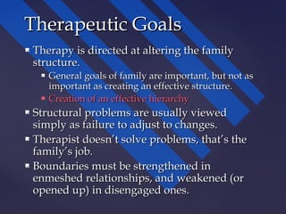  Therapy is directed at altering the familyTherapy is directed at altering the family
structure.structure.
 General goals of family are important, but not asGeneral goals of family are important, but not as
important as creating an effective structure.important as creating an effective structure.
 Creation of an effective hierarchyCreation of an effective hierarchy
 Structural problems are usually viewedStructural problems are usually viewed
simply as failure to adjust to changes.simply as failure to adjust to changes.
 Therapist doesn’t solve problems, that’s theTherapist doesn’t solve problems, that’s the
family’s job.family’s job.
 Boundaries must be strengthened inBoundaries must be strengthened in
enmeshed relationships, and weakened (orenmeshed relationships, and weakened (or
opened up) in disengaged ones.opened up) in disengaged ones.
Therapeutic GoalsTherapeutic Goals
 