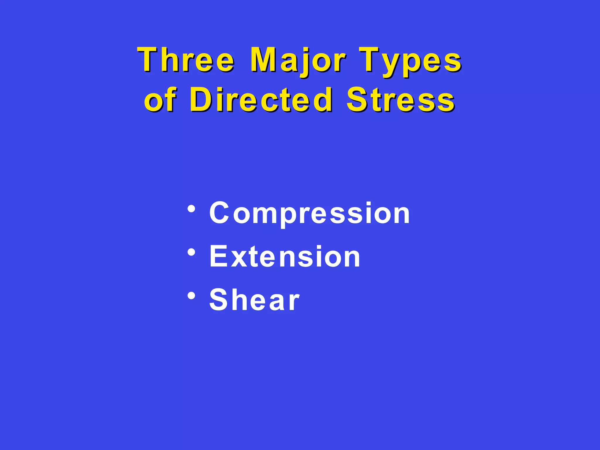 Three Major TypesThree Major Types
of Directed Stressof Directed Stress
• Compression
• Extension
• Shear
 