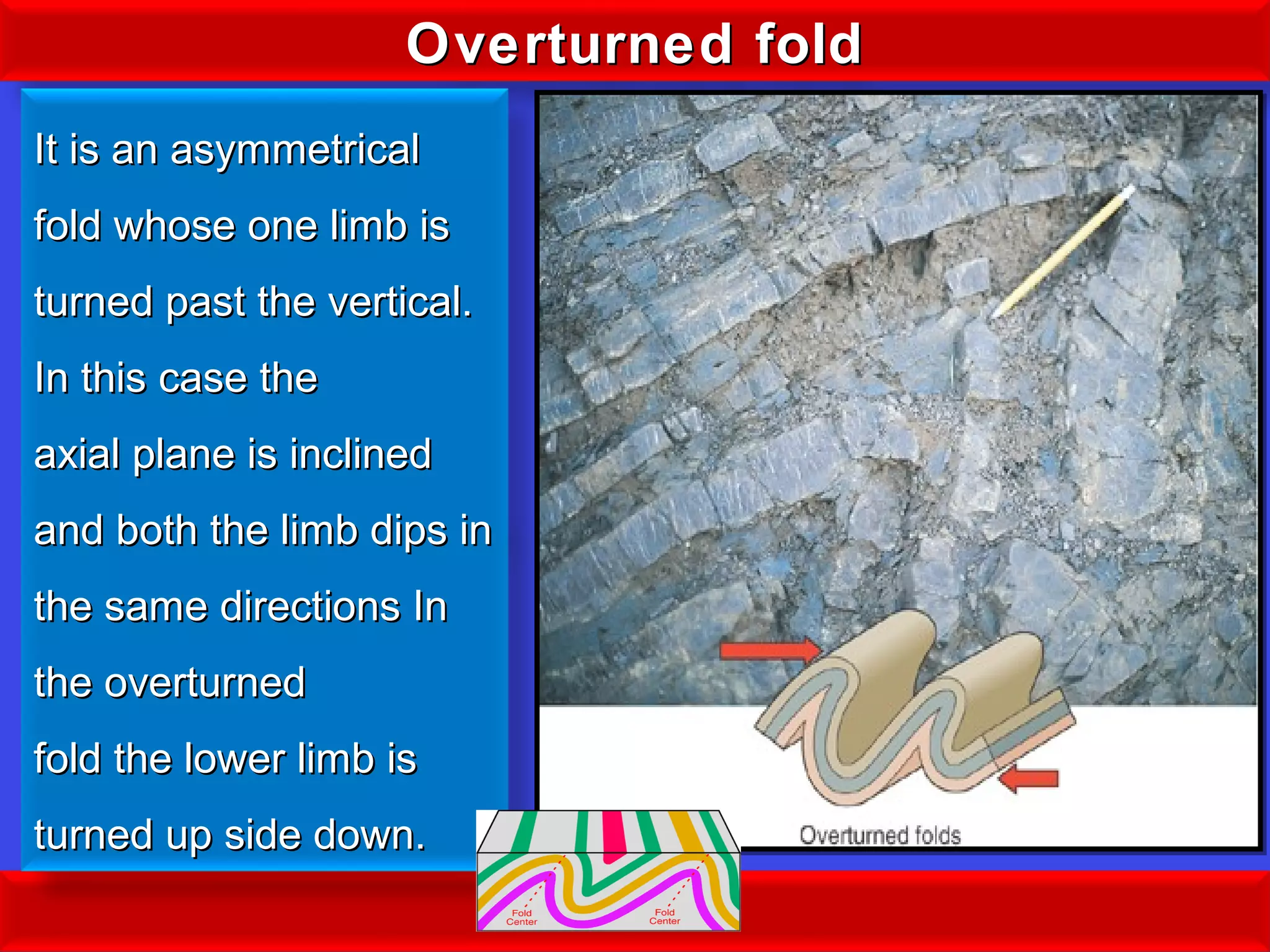Overturned foldOverturned fold
It is an asymmetricalIt is an asymmetrical
fold whose one limb isfold whose one limb is
turned past the vertical.turned past the vertical.
In this case theIn this case the
axial plane is inclinedaxial plane is inclined
and both the limb dips inand both the limb dips in
the same directions Inthe same directions In
the overturnedthe overturned
fold the lower limb isfold the lower limb is
turned up side down.turned up side down.
 