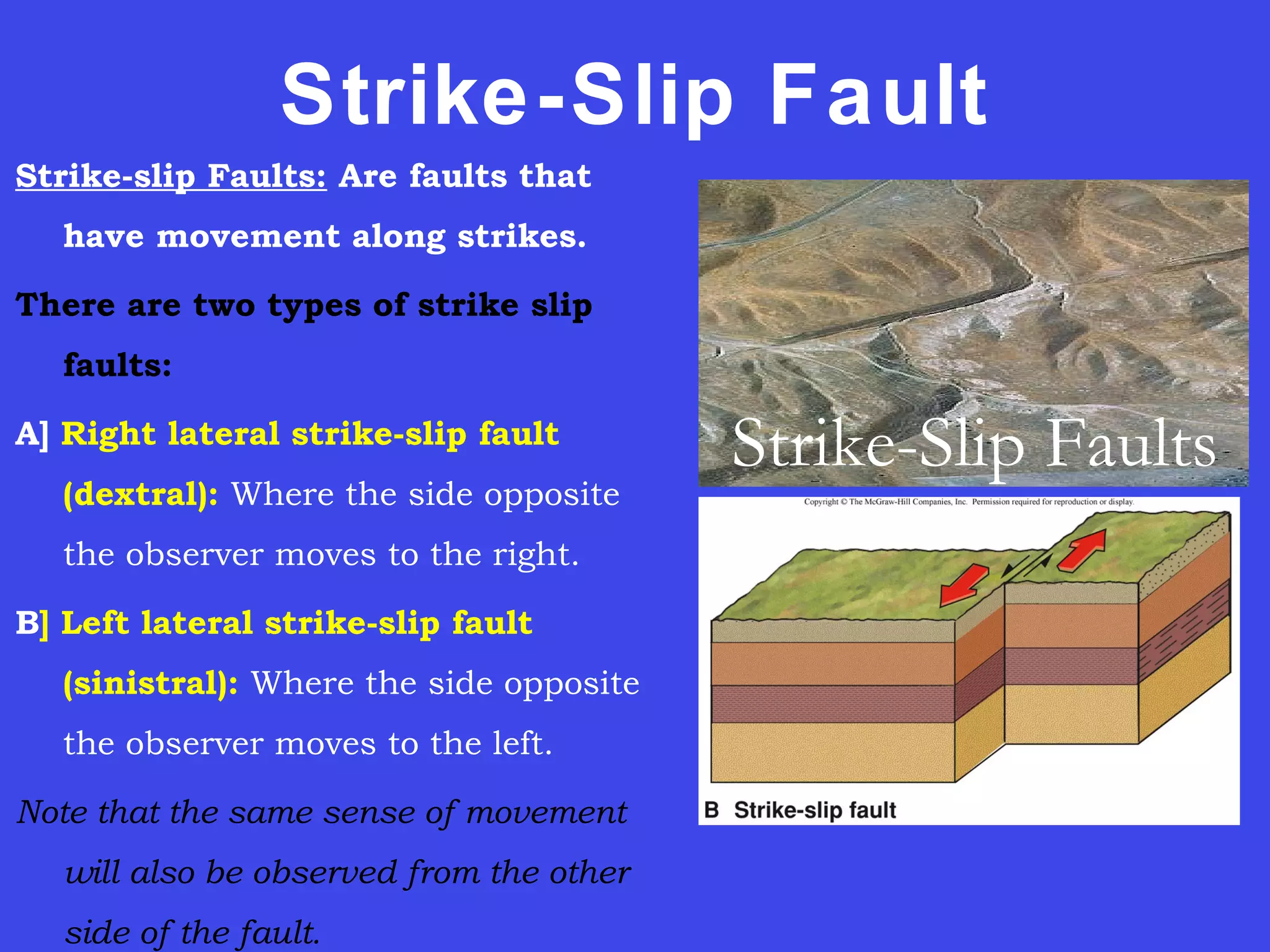 Strike-Slip Fault
Strike-slip Faults: Are faults that
have movement along strikes.
There are two types of strike slip
faults:
A] Right lateral strike-slip fault
(dextral): Where the side opposite
the observer moves to the right.
B] Left lateral strike-slip fault
(sinistral): Where the side opposite
the observer moves to the left.
Note that the same sense of movement
will also be observed from the other
side of the fault.
Strike-Slip Faults
 