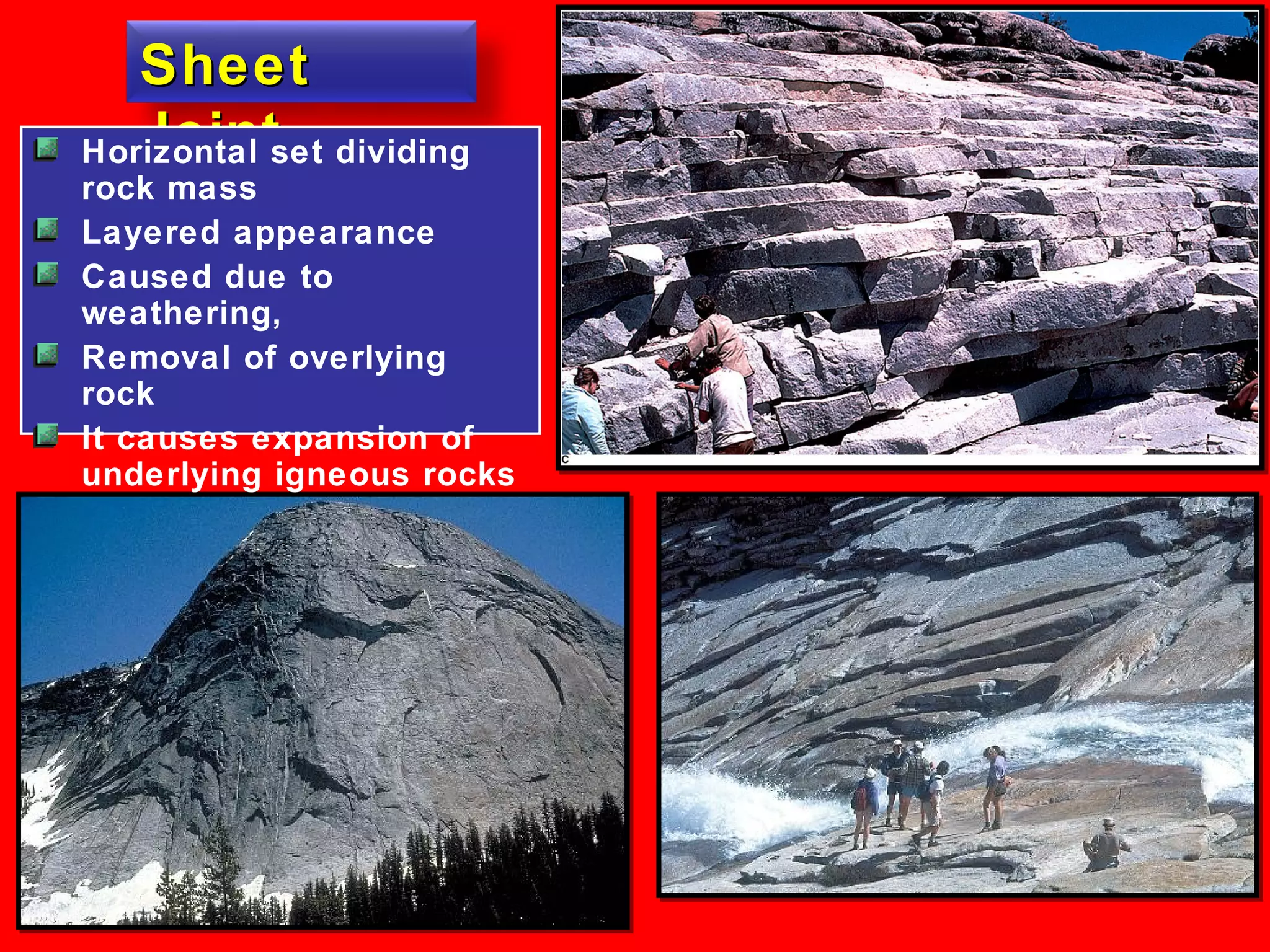 SheetSheet
JointJointHorizontal set dividing
rock mass
Layered appearance
Caused due to
weathering,
Removal of overlying
rock
It causes expansion of
underlying igneous rocks
 