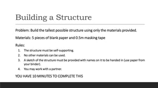 Building a Structure
Problem: Build the tallest possible structure using only the materials provided.
Materials: 5 pieces of blank paper and 0.5m masking tape
Rules:
1. The structure must be self-supporting.
2. No other materials can be used.
3. A sketch of the structure must be provided with names on it to be handed in (use paper from
your binder).
4. You may work with a partner.
YOU HAVE 10 MINUTES TO COMPLETE THIS
 