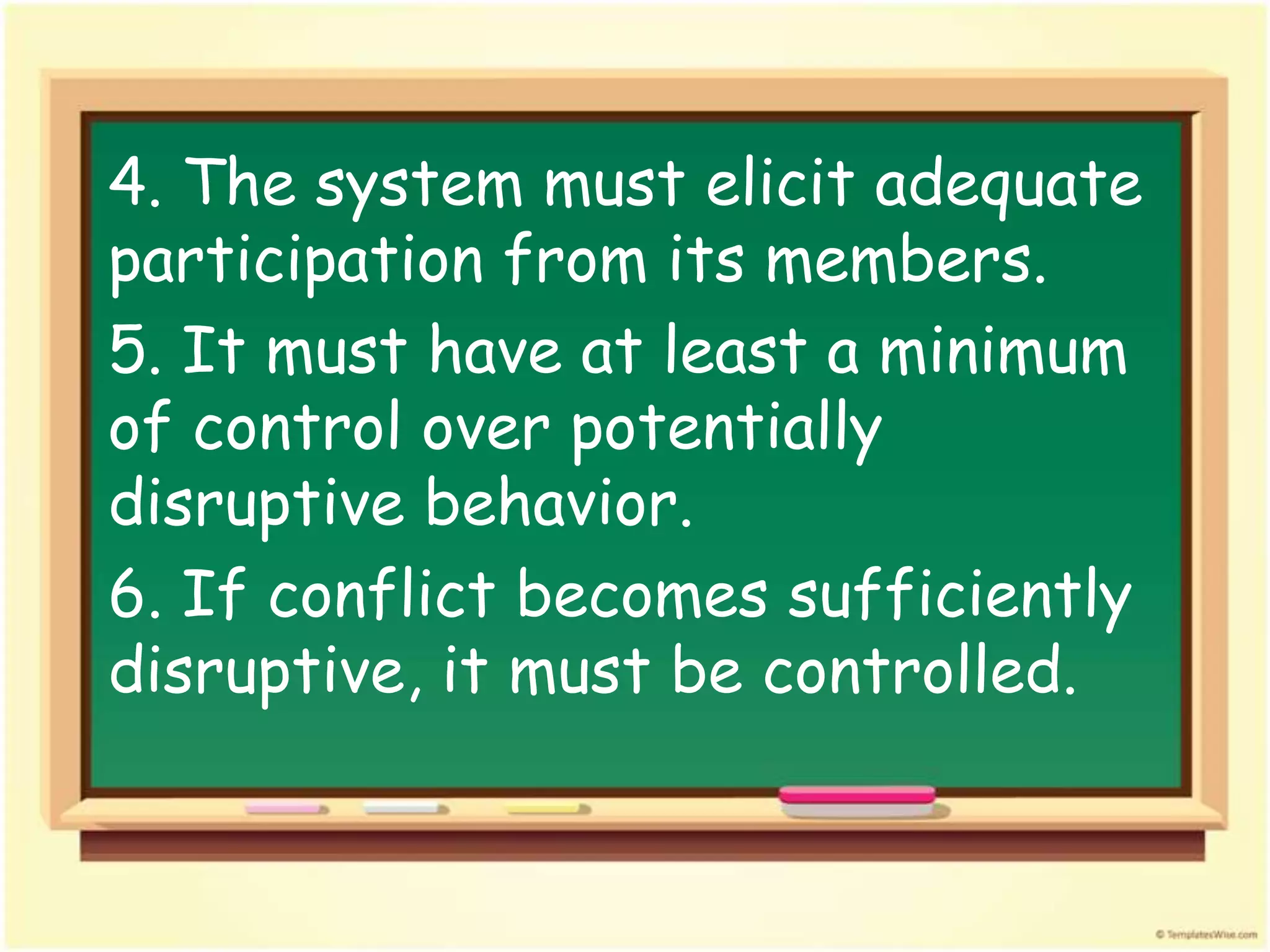 4. The system must elicit adequate
participation from its members.
5. It must have at least a minimum
of control over potentially
disruptive behavior.
6. If conflict becomes sufficiently
disruptive, it must be controlled.
 