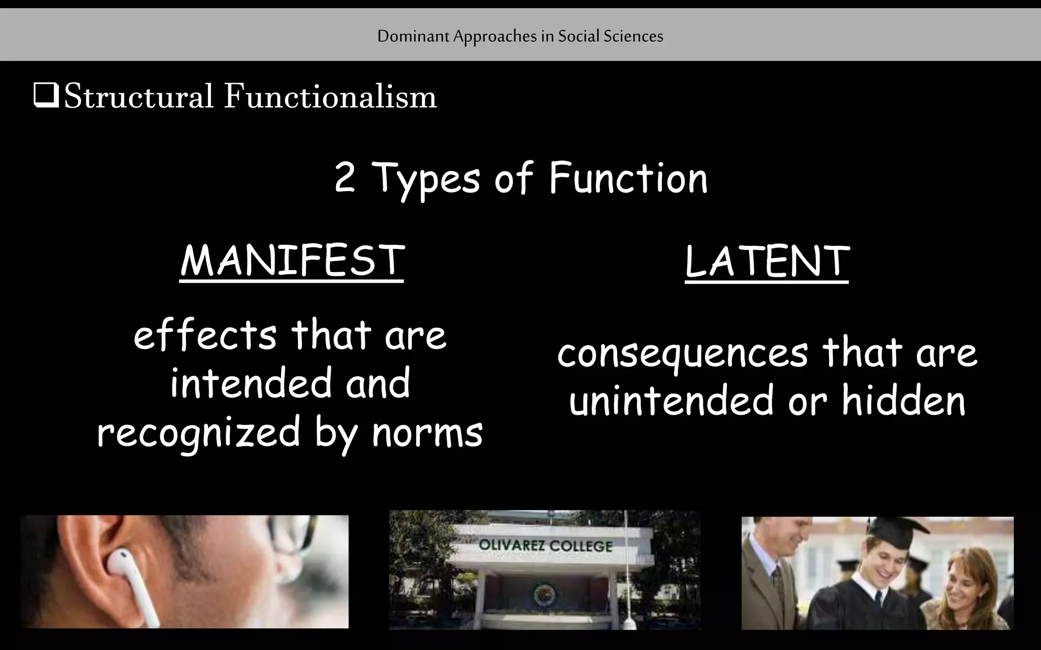 Structural Functionalism
Dominant Approaches in Social Sciences
2 Types of Function
MANIFEST LATENT
effects that are
intended and
recognized by norms
consequences that are
unintended or hidden
 