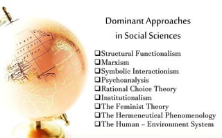 Dominant Approaches
in Social Sciences
Structural Functionalism
Marxism
Symbolic Interactionism
Psychoanalysis
Rational Choice Theory
Institutionalism
The Feminist Theory
The Hermeneutical Phenomenology
The Human – Environment System
 