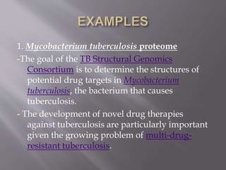 1. Mycobacterium tuberculosis proteome
-The goal of the TB Structural Genomics
Consortium is to determine the structures of
potential drug targets in Mycobacterium
tuberculosis, the bacterium that causes
tuberculosis.
- The development of novel drug therapies
against tuberculosis are particularly important
given the growing problem of multi-drug-
resistant tuberculosis.
 