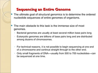 Sequencing an Entire GenomeSequencing an Entire Genome
 The ultimate goal of structural genomics is to determine the ordered
nucleotide sequences of entire genomes of organisms.
 The main obstacle to this task is the immense size of most
genomes.
◦ Bacterial genomes are usually at least several million base pairs long
◦ Eukaryotic genomes are billions of base pairs long and are distributed
among dozens of chromosomes.
◦ For technical reasons, it is not possible to begin sequencing at one end
of a chromosome and continue straight through to the other end;
◦ Only small fragments of DNA—usually from 500 to 700 nucleotides—can
be sequenced at one time.
 