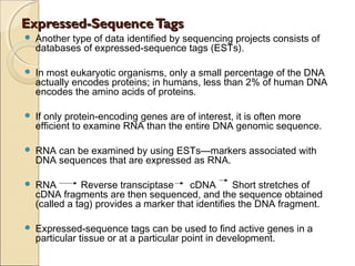 Expressed-SequenceTagsExpressed-SequenceTags
 Another type of data identified by sequencing projects consists of
databases of expressed-sequence tags (ESTs).
 In most eukaryotic organisms, only a small percentage of the DNA
actually encodes proteins; in humans, less than 2% of human DNA
encodes the amino acids of proteins.
 If only protein-encoding genes are of interest, it is often more
efficient to examine RNA than the entire DNA genomic sequence.
 RNA can be examined by using ESTs—markers associated with
DNA sequences that are expressed as RNA.
 RNA Reverse transciptase cDNA Short stretches of
cDNA fragments are then sequenced, and the sequence obtained
(called a tag) provides a marker that identifies the DNA fragment.
 Expressed-sequence tags can be used to find active genes in a
particular tissue or at a particular point in development.
 