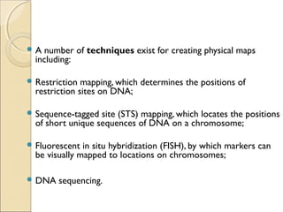  A number of techniques exist for creating physical maps
including:
 Restriction mapping, which determines the positions of
restriction sites on DNA;
 Sequence-tagged site (STS) mapping, which locates the positions
of short unique sequences of DNA on a chromosome;
 Fluorescent in situ hybridization (FISH), by which markers can
be visually mapped to locations on chromosomes;
 DNA sequencing.
 