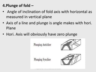 4.Plunge of fold –
• Angle of inclination of fold axis with horizontal as
measured in vertical plane
• Axis of a line and plunge is angle makes with hori.
Plane
• Hori. Axis will obviously have zero plunge
Prepared by Prof.S.S.Naik CED GHRIEMJ
 