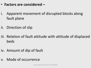 • Factors are considered –
i. Apparent movement of disrupted blocks along
fault plane
ii. Direction of slip
iii. Relation of fault attitude with attitude of displaced
beds
iv. Amount of dip of fault
v. Mode of occurrence
Prepared by Prof.S.S.Naik CED GHRIEMJ
 