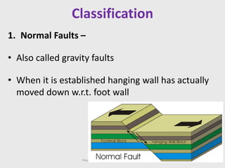 Classification
1. Normal Faults –
• Also called gravity faults
• When it is established hanging wall has actually
moved down w.r.t. foot wall
Prepared by Prof.S.S.Naik CED GHRIEMJ
 